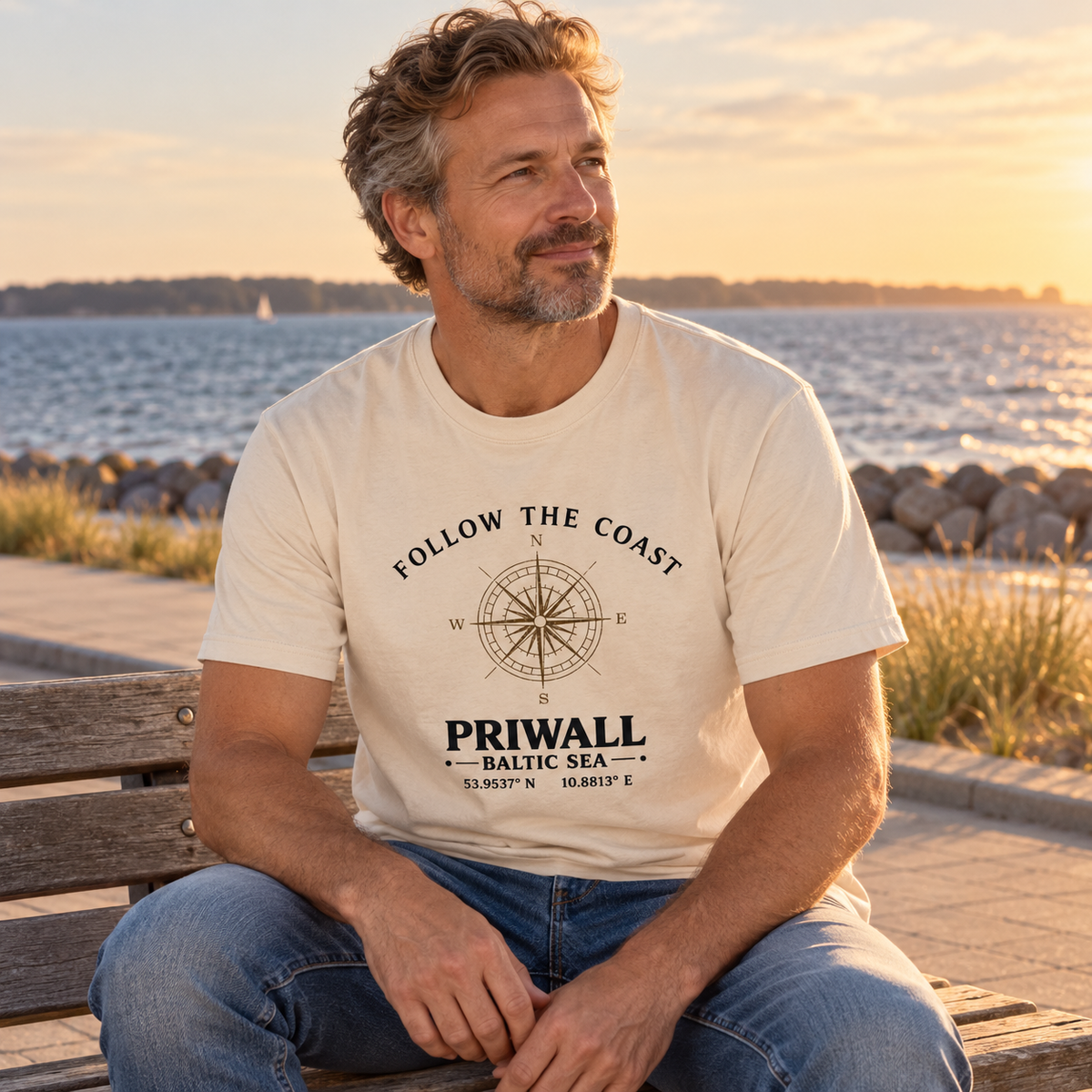 Mann trägt Follow the Coast Priwall Kompass Bio-Heavy T-Shirt an der Priwall-Promenade