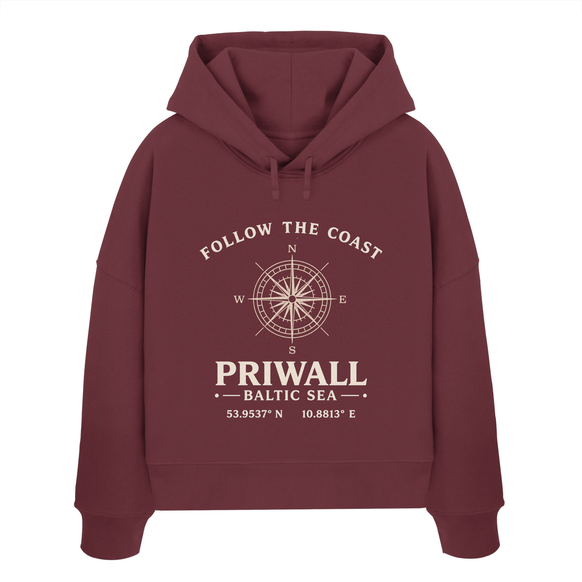 Priwall Kompass Dark Edition Damen Boxcut Hoodie in Burgundy – Produktansicht