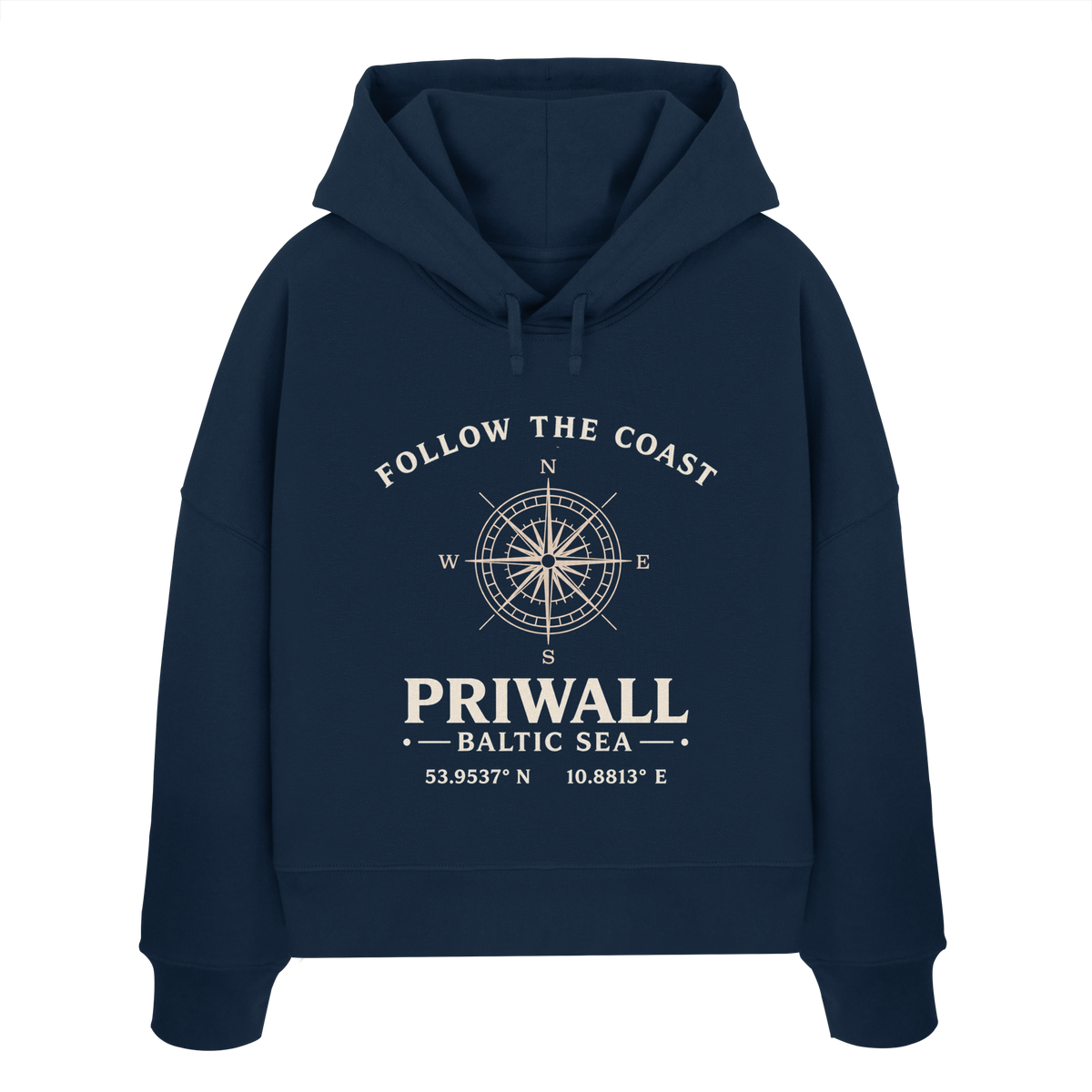 Priwall Kompass Dark Edition Damen Boxcut Hoodie in French Navy – Produktansicht