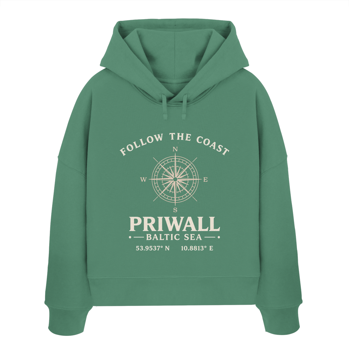 Priwall Kompass Dark Edition Damen Boxcut Hoodie in Green Bay – Produktansicht