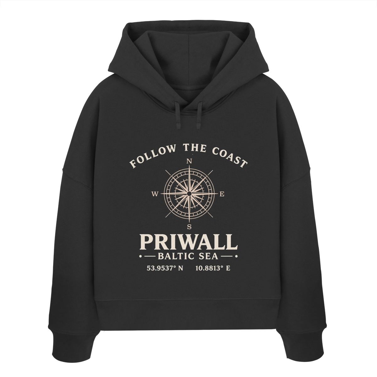 Priwall Kompass Dark Edition Damen Boxcut Hoodie in Schwarz – Produktansicht