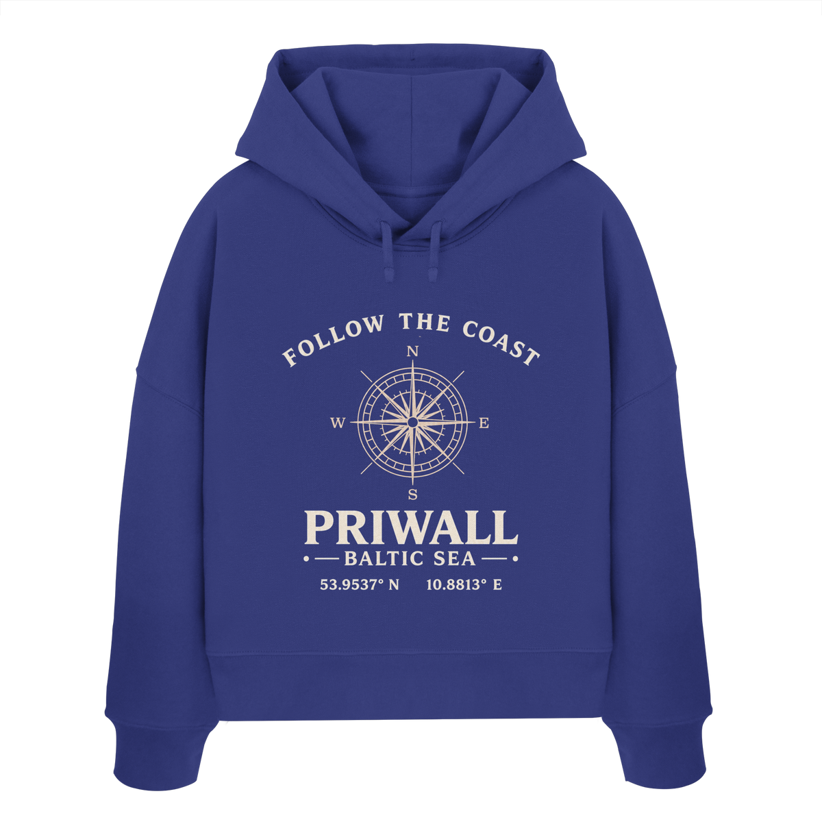 Priwall Kompass Dark Edition Damen Boxcut Hoodie in Worker Blue – Produktansicht