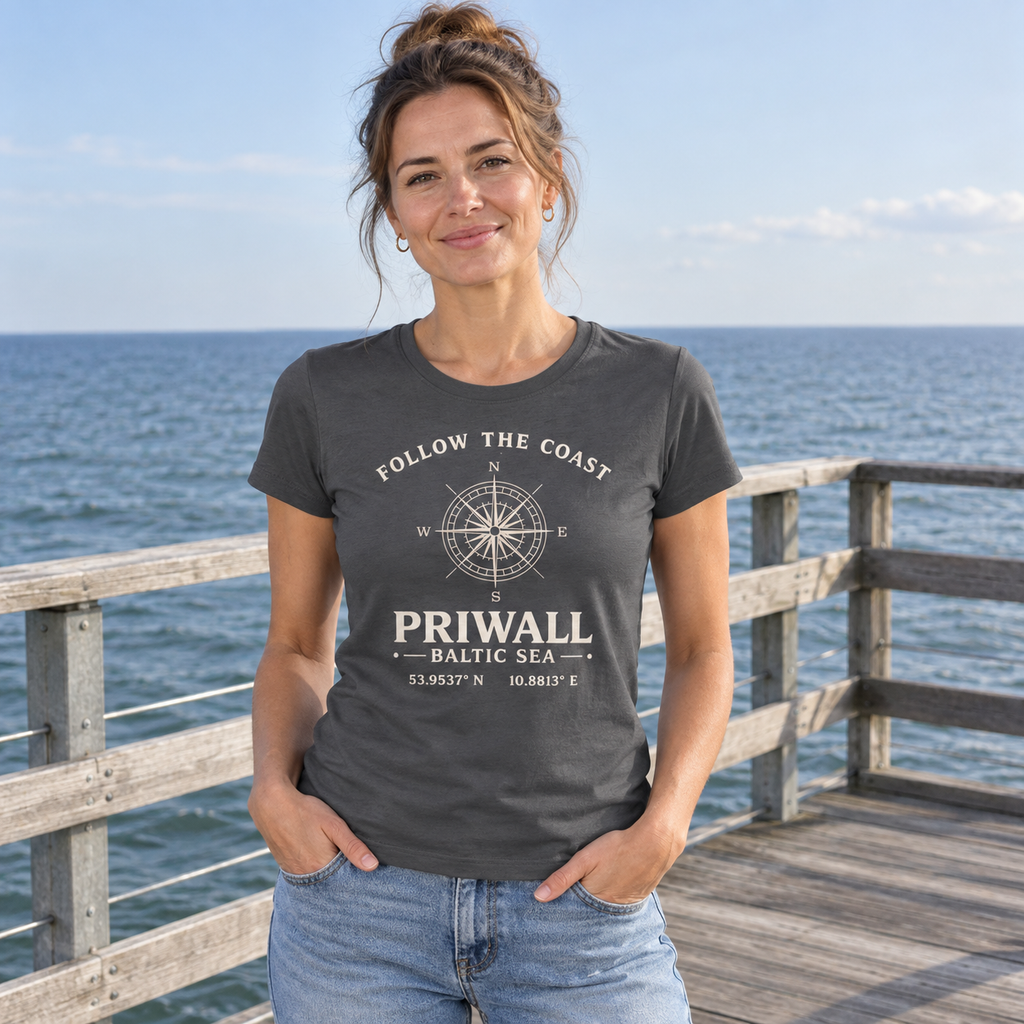 Frau trägt Priwall Kompass Dark Edition Ladies Organic Shirt in Anthracite auf einem Küstensteg