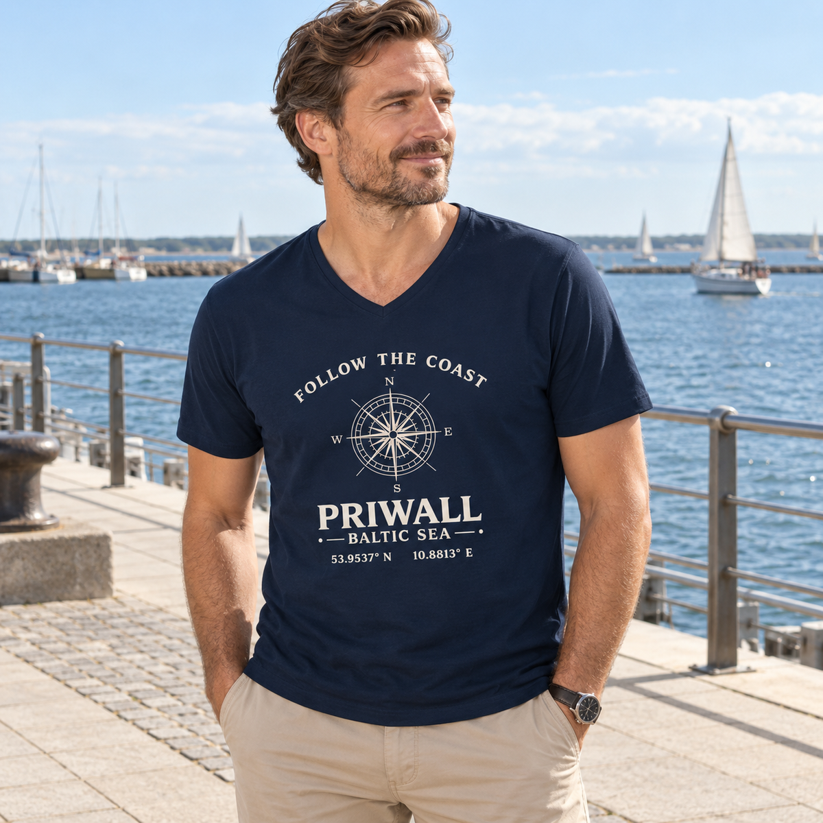 Mann trägt Priwall Kompass Dark Edition Organic V-Neck Shirt in French Navy an der Ostsee