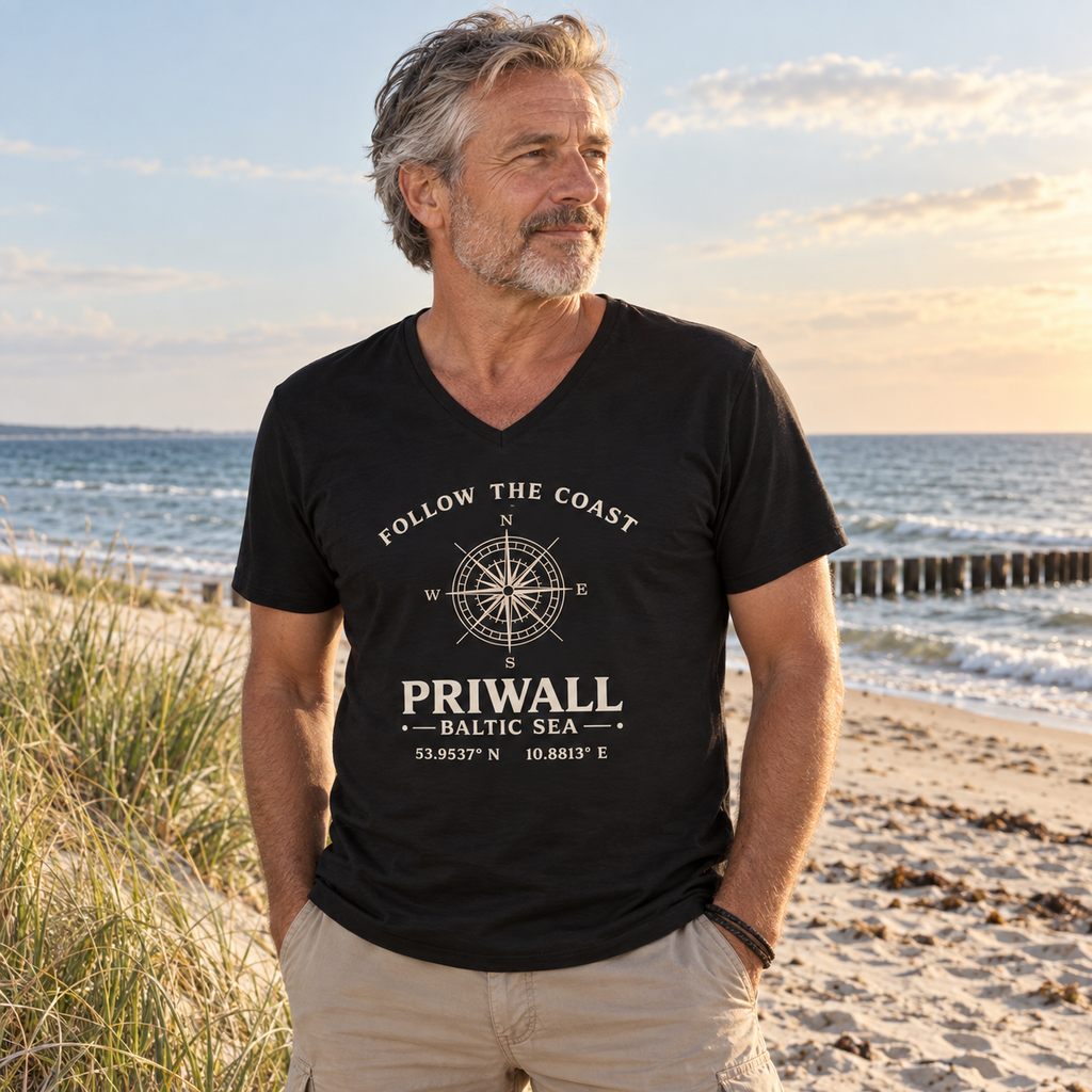 Mann trägt Priwall Kompass Dark Edition Organic V-Neck Shirt in Schwarz am Ostseestrand