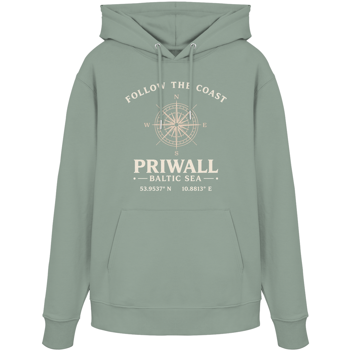 Priwall Kompass Dark Edition Organic Hoodie in Aloe – Produktansicht