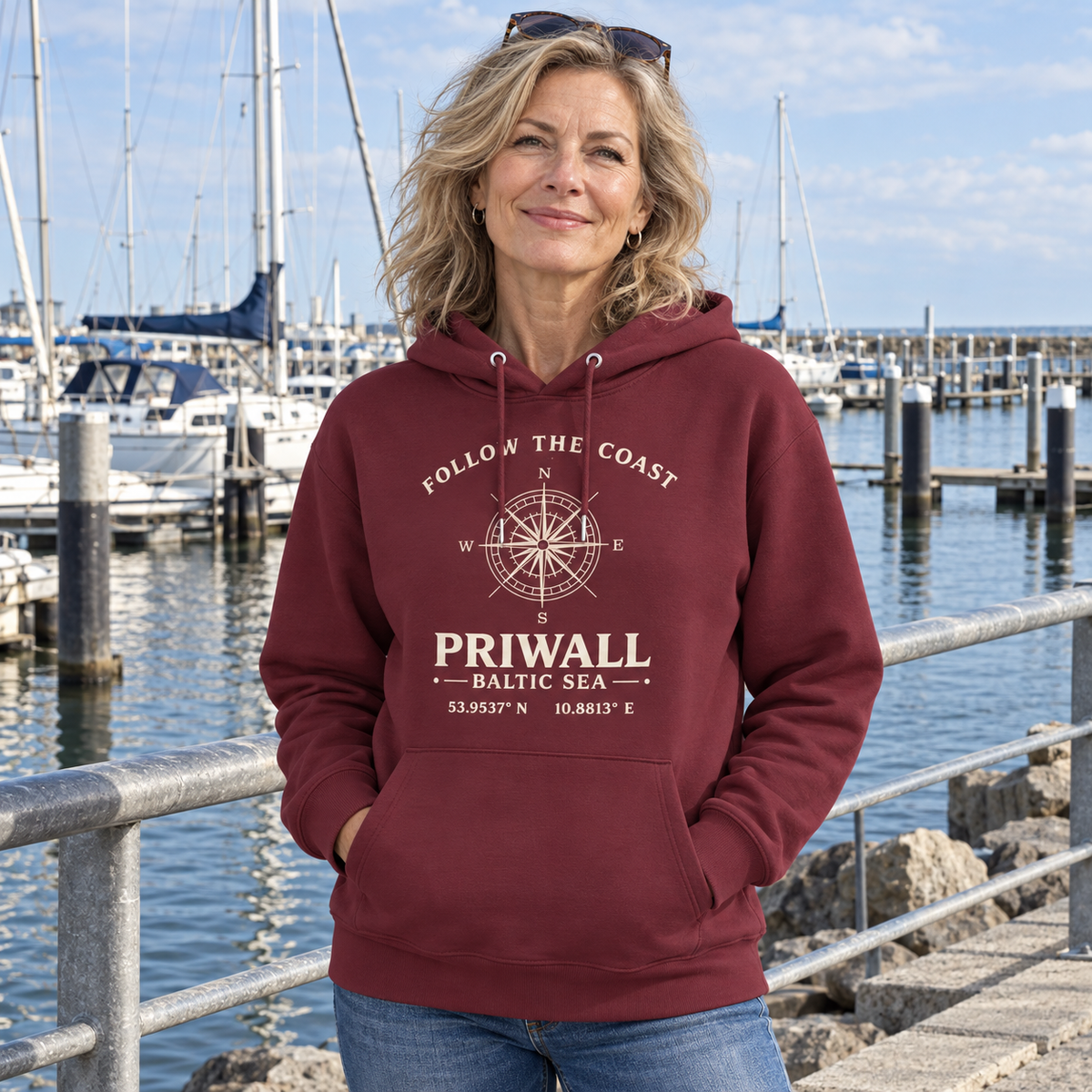 Frau trägt Priwall Kompass Dark Edition Organic Hoodie in Burgundy am Ostseehafen