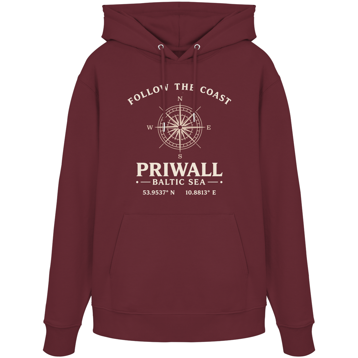 Priwall Kompass Dark Edition Organic Hoodie in Burgundy – Produktansicht