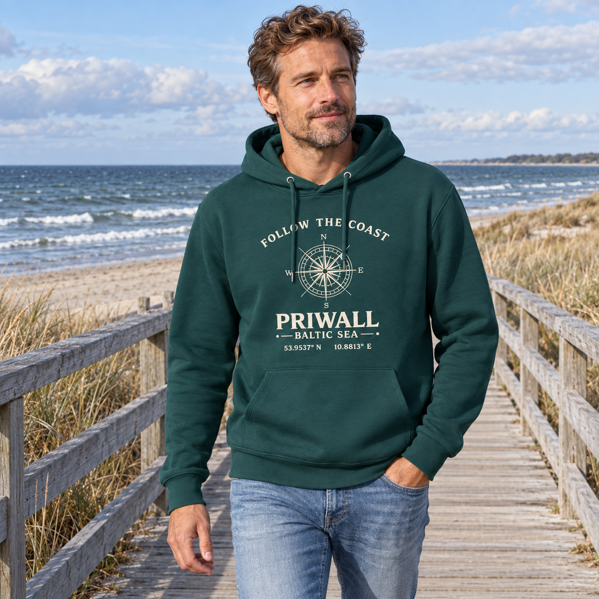 Mann trägt Priwall Kompass Dark Edition Organic Hoodie in Glazed Green am Ostseestrand
