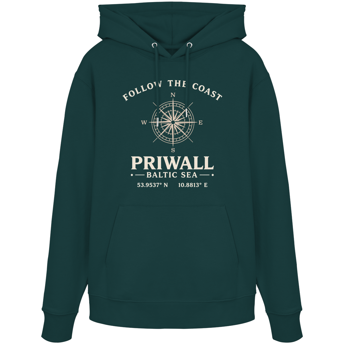 Priwall Kompass Dark Edition Organic Hoodie in Glazed Green – Produktansicht