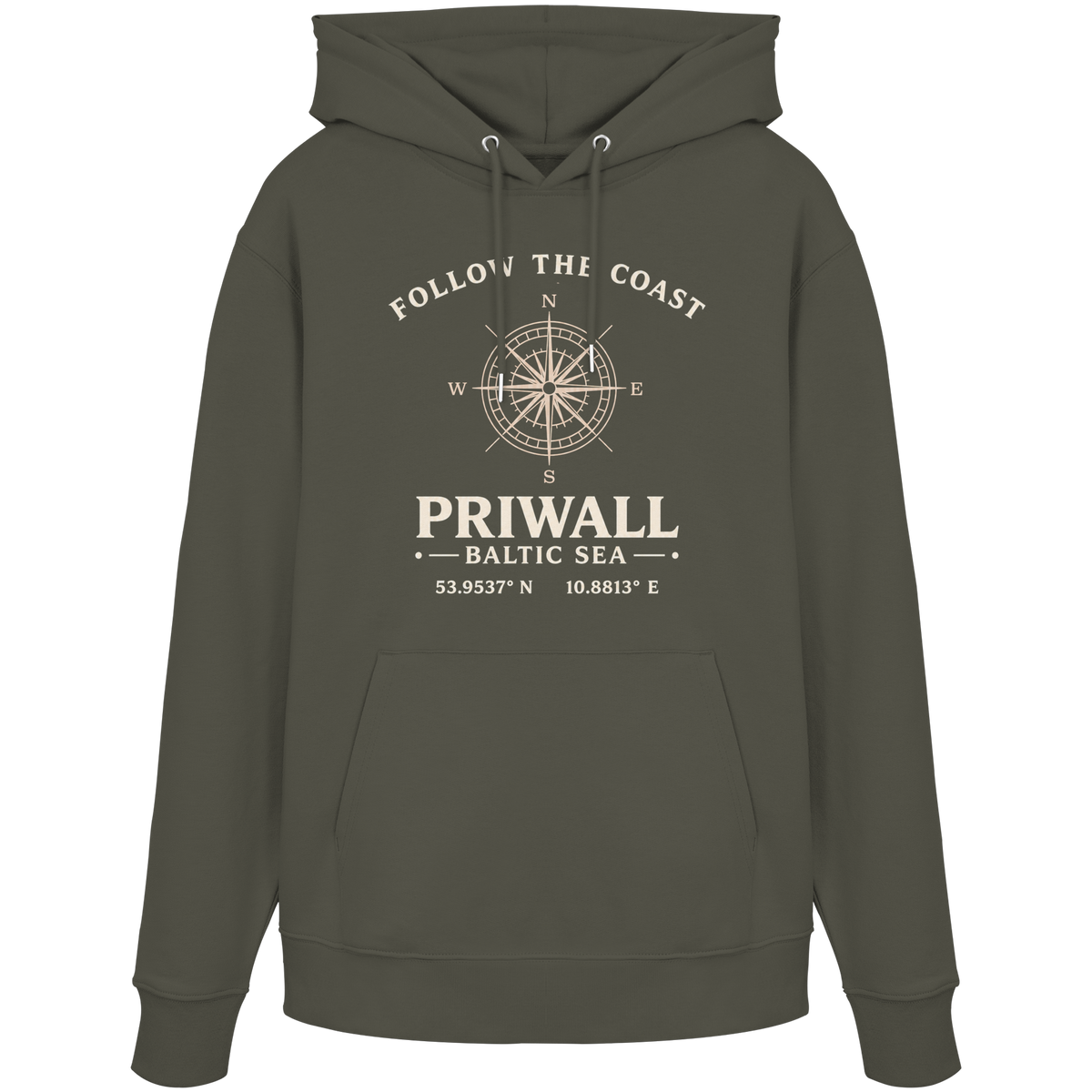 Priwall Kompass Dark Edition Organic Hoodie in Khaki – Produktansicht