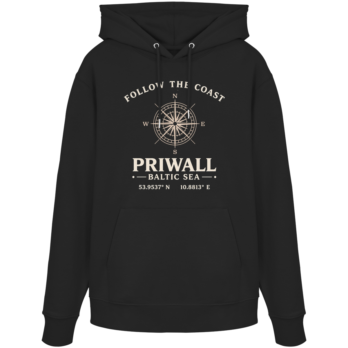 Priwall Kompass Dark Edition Organic Hoodie in Schwarz – Produktansicht