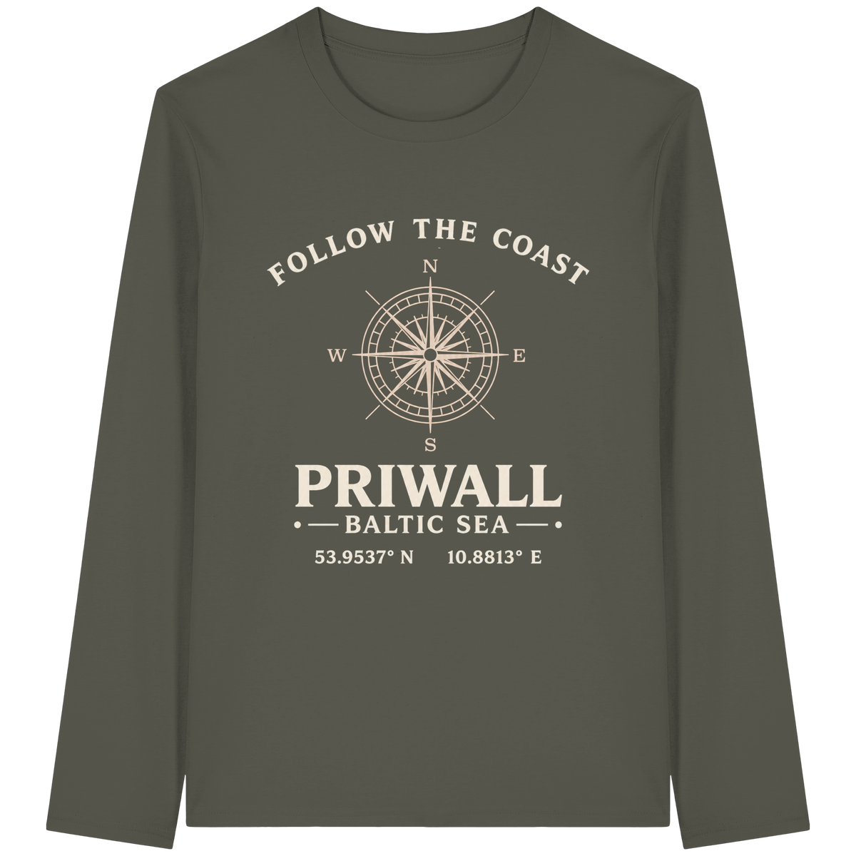 Priwall Kompass Dark Edition Organic Longsleeve in Khaki – Vorderansicht