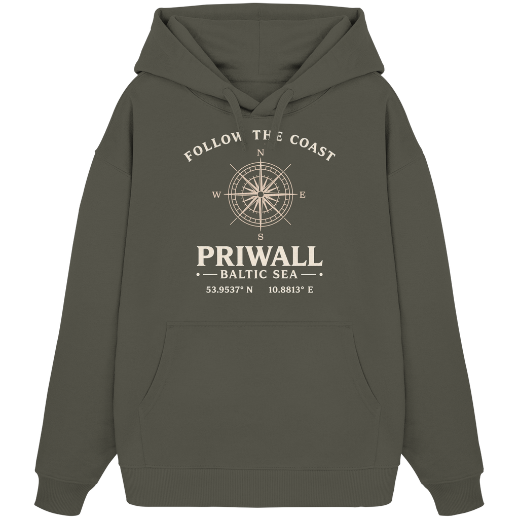 Priwall Kompass Dark Edition Organic Oversize Hoodie in Khaki – Produktansicht