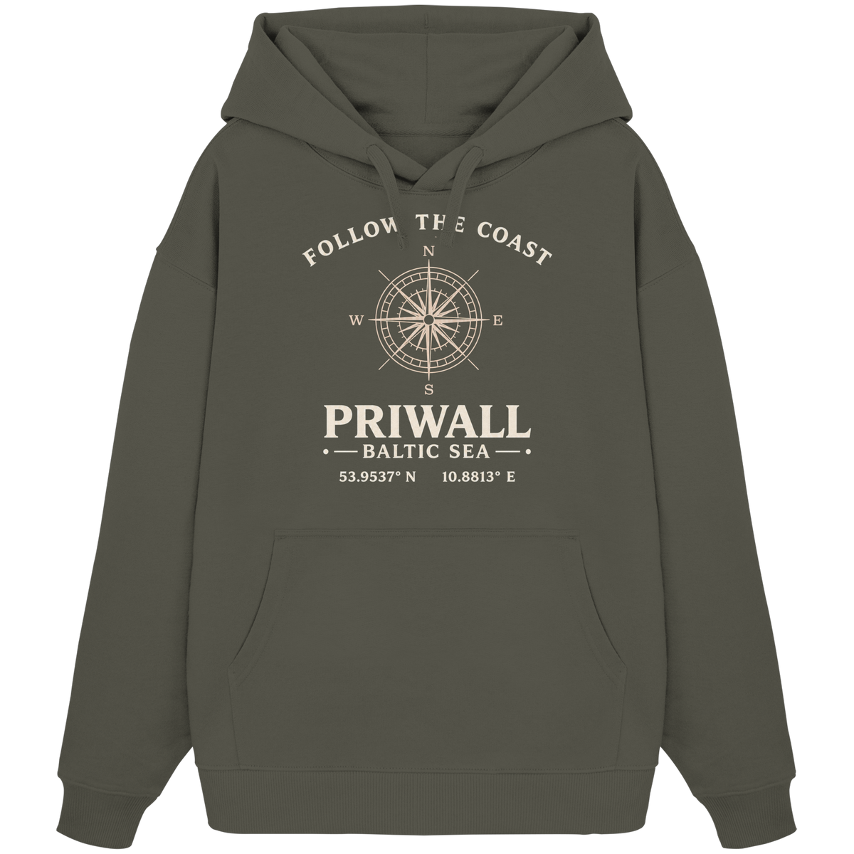 Priwall Kompass Dark Edition Organic Oversize Hoodie in Khaki – Produktansicht
