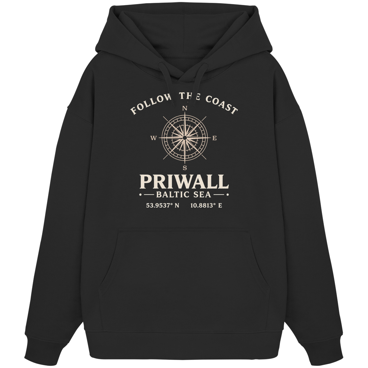Priwall Kompass Dark Edition Organic Oversize Hoodie in Schwarz – Produktansicht