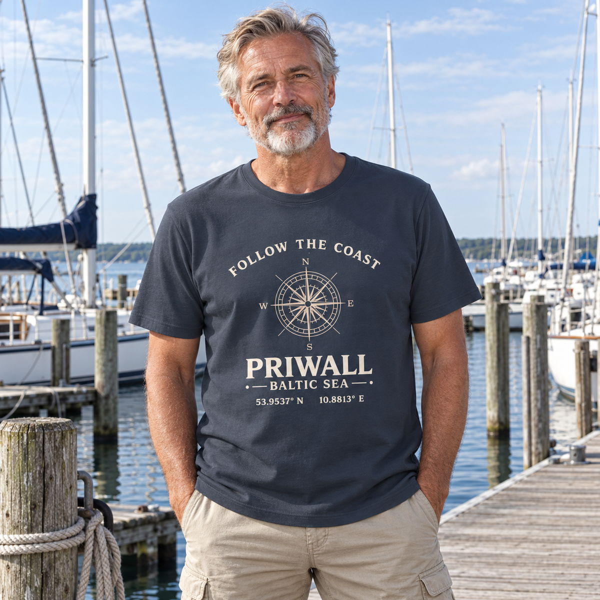 Mann um 60 trägt Priwall Kompass Dark Edition Organic Shirt in India Ink Grey an der Ostseeküste