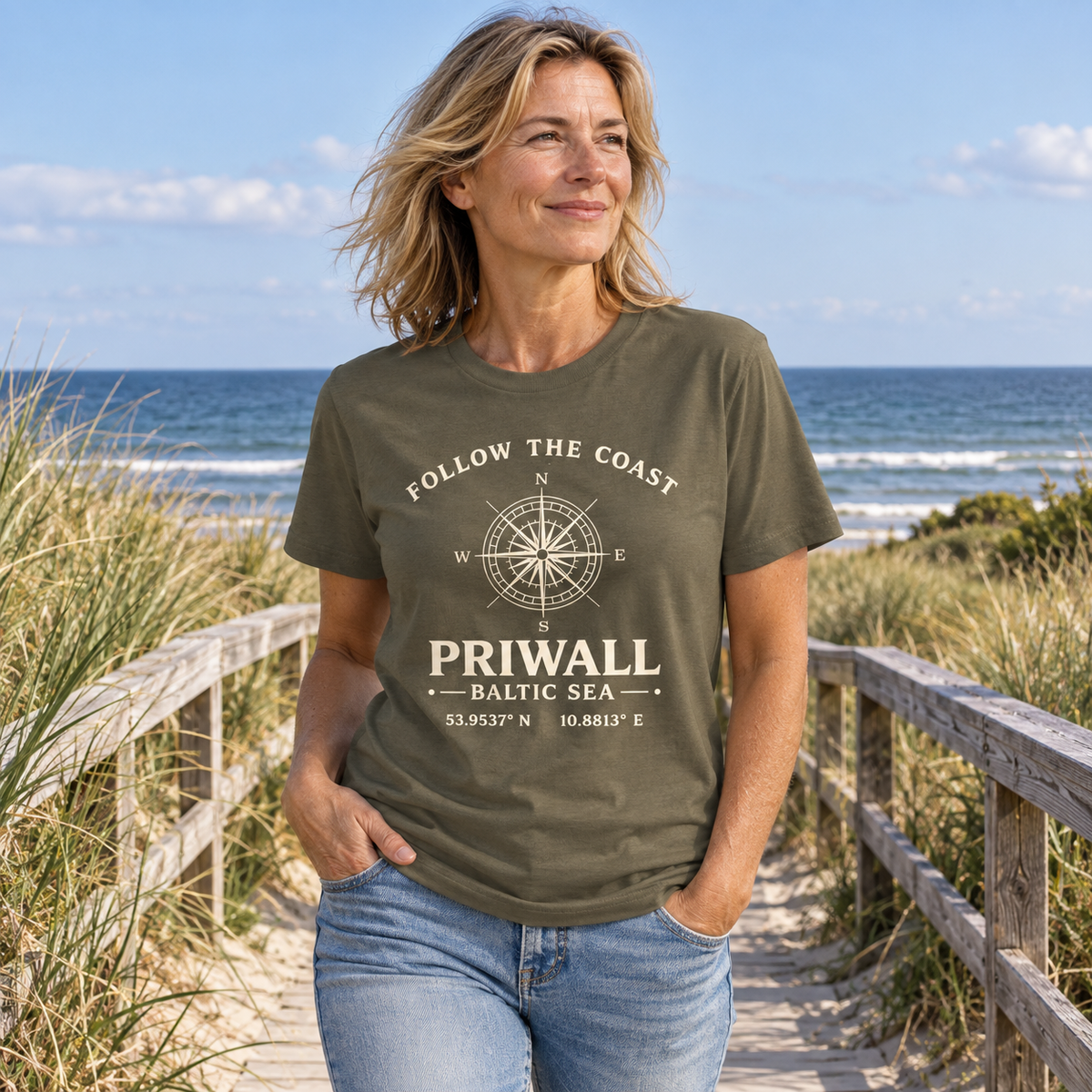 Frau trägt Priwall Kompass Dark Edition Organic Shirt in Khaki am Ostseestrand