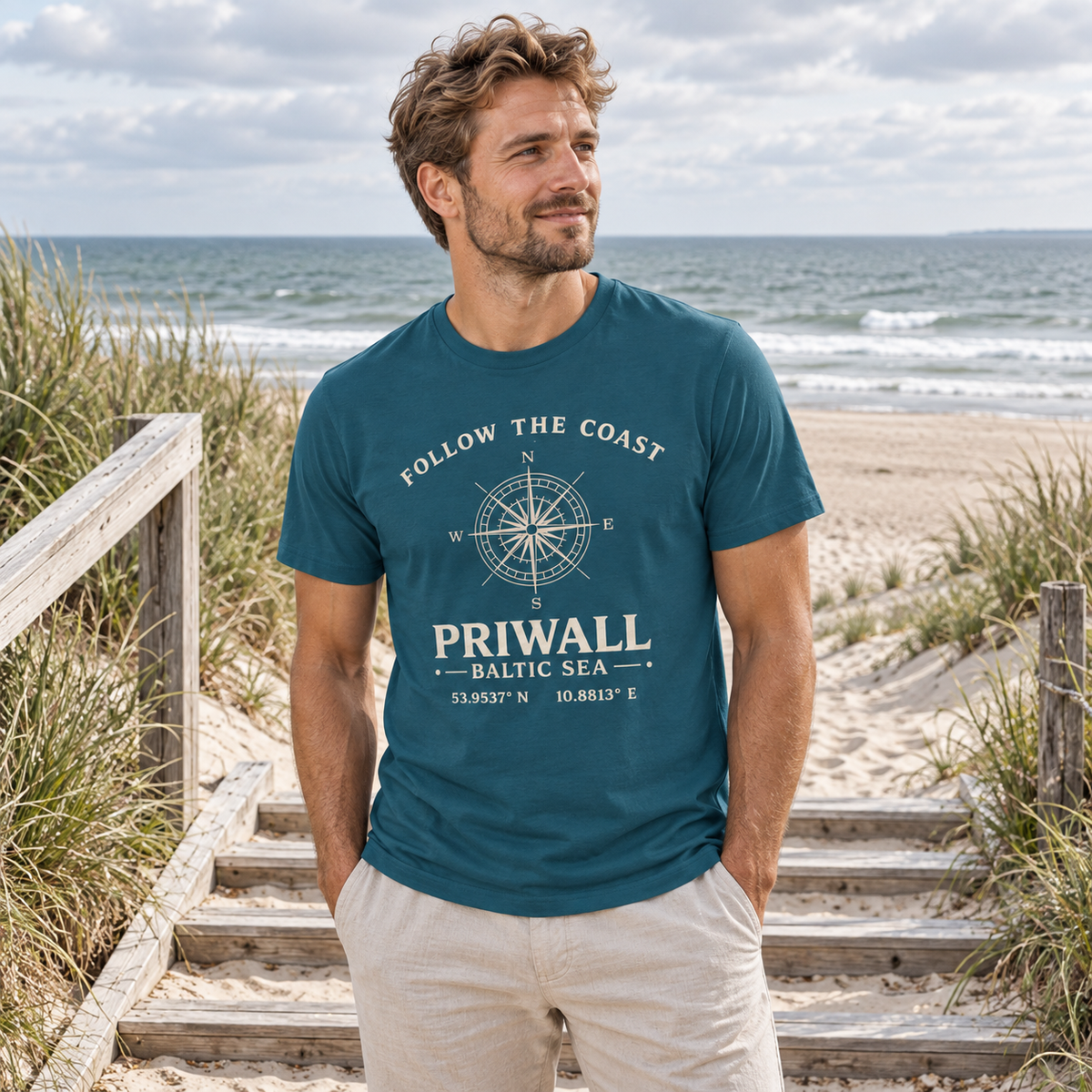 Mann trägt Priwall Kompass Dark Edition Organic Shirt in Stargazer am Ostseestrand