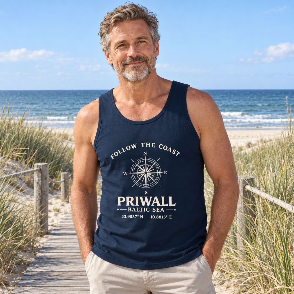 Mann trägt Priwall Kompass Dark Edition Organic Tank Top in French Navy am Ostseestrand