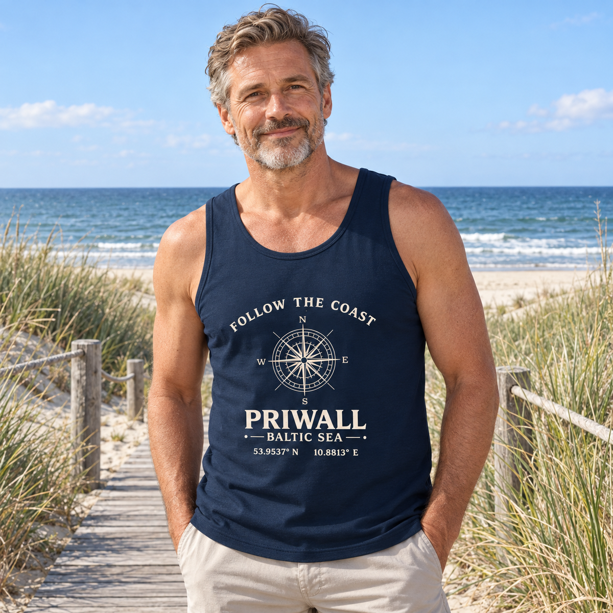 Mann trägt Priwall Kompass Dark Edition Organic Tank Top in French Navy am Ostseestrand