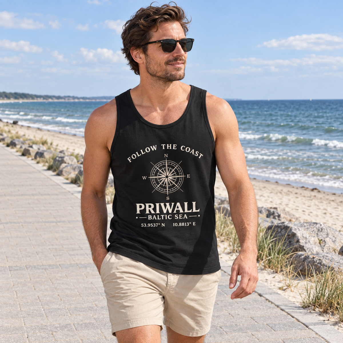 Mann trägt Priwall Kompass Dark Edition Organic Tank Top in Schwarz an der Ostsee