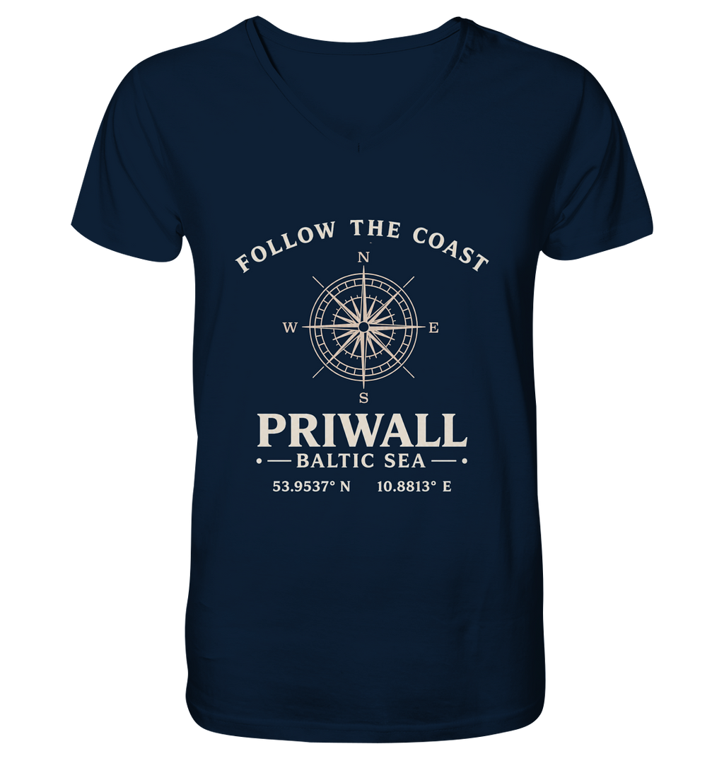 Priwall Kompass Dark Edition Organic V-Neck Shirt in French Navy – Produktansicht