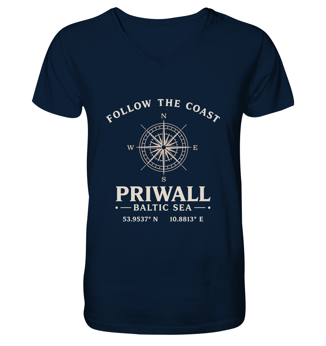 Priwall Kompass Dark Edition Organic V-Neck Shirt in French Navy – Produktansicht