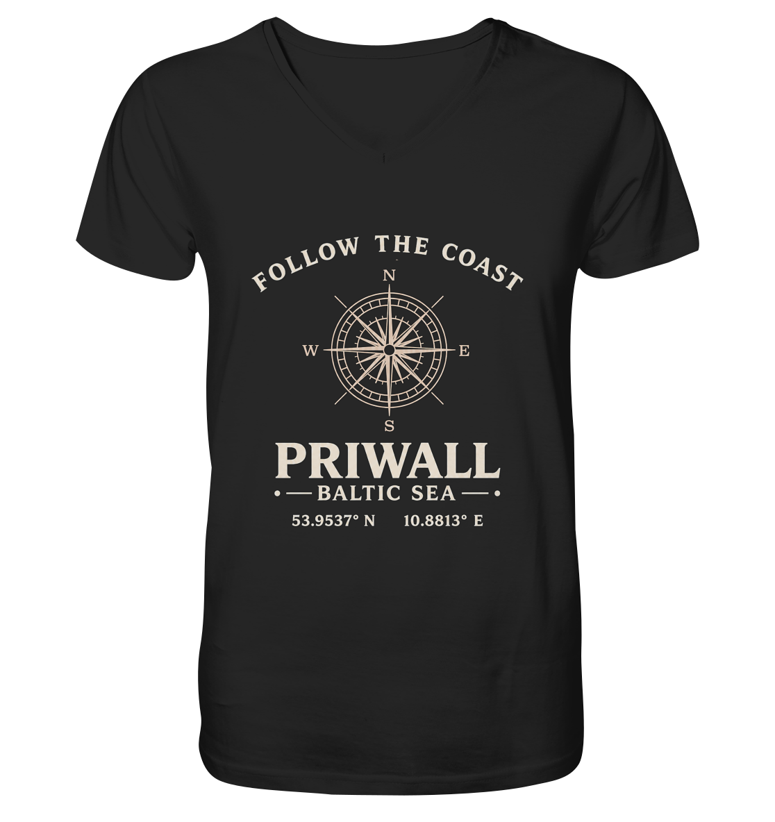 Priwall Kompass Dark Edition Organic V-Neck Shirt in Schwarz – Produktansicht