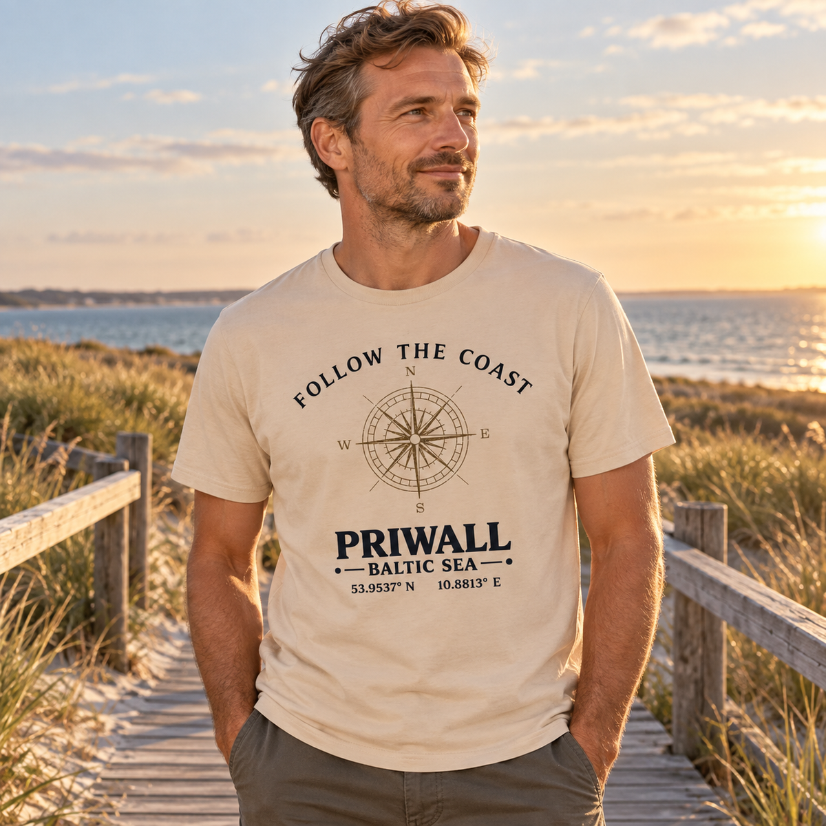 Mann trägt Follow the Coast Priwall Kompass Essential T-Shirt auf einem Priwall-Dünenweg
