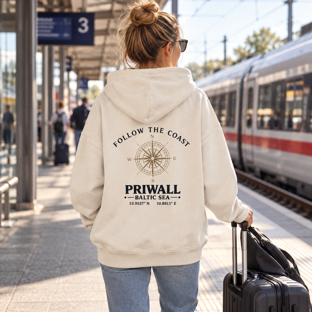 Frau im Bio Oversize Hoodie mit hellem Priwall Follow the Coast Backprint vor einer Wochenendreise