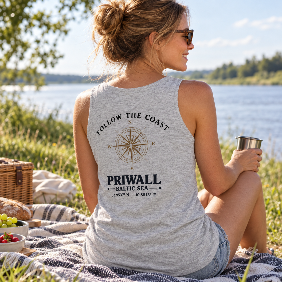 Frau im Bio Tank Top mit hellem Follow the Coast Rückenmotiv bei einem Picknick am Fluss