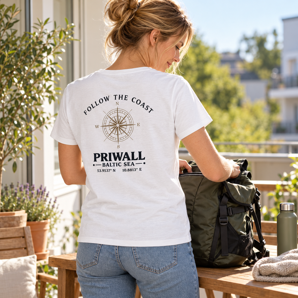 Frau im Essential T-Shirt mit hellem Follow the Coast Rückenmotiv beim Packen für einen Ausflug