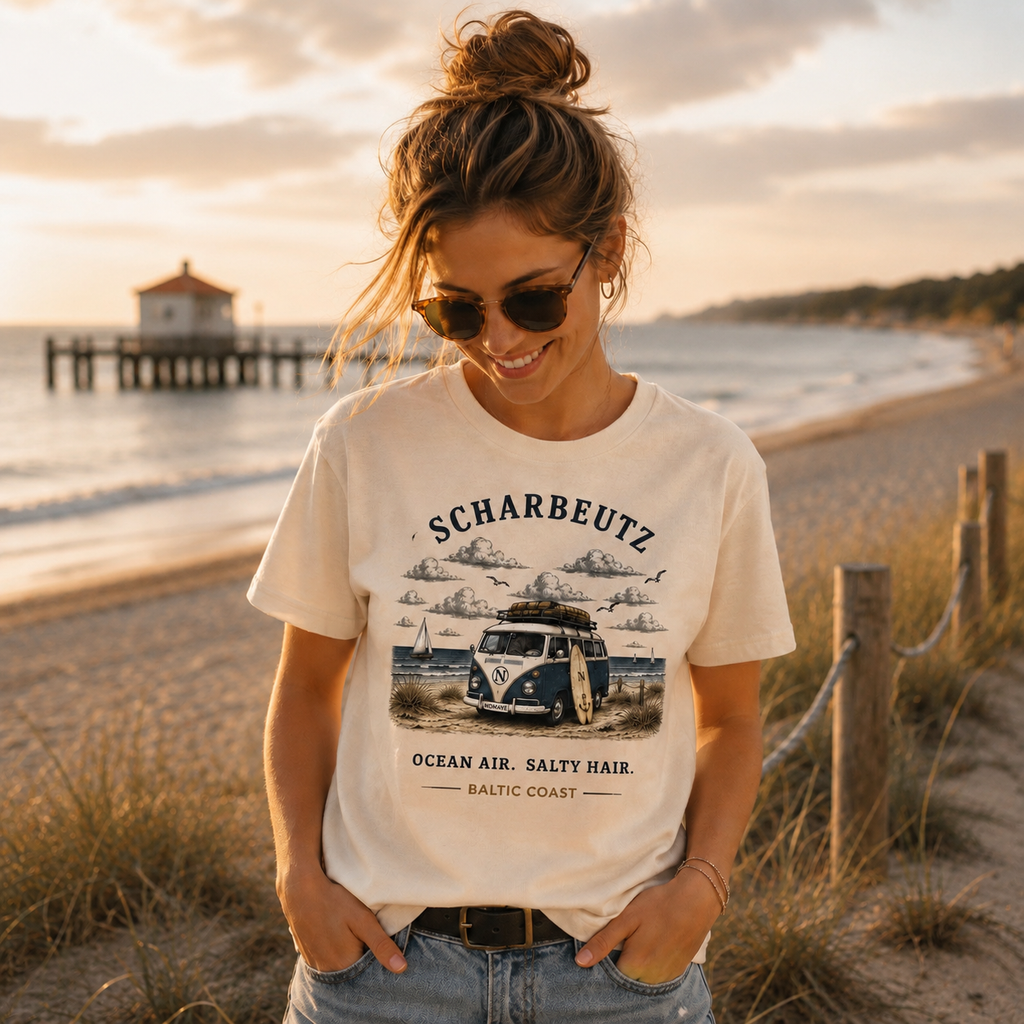 Frau im Scharbeutz Bulli Bio T-Shirt am Camper an der Ostsee