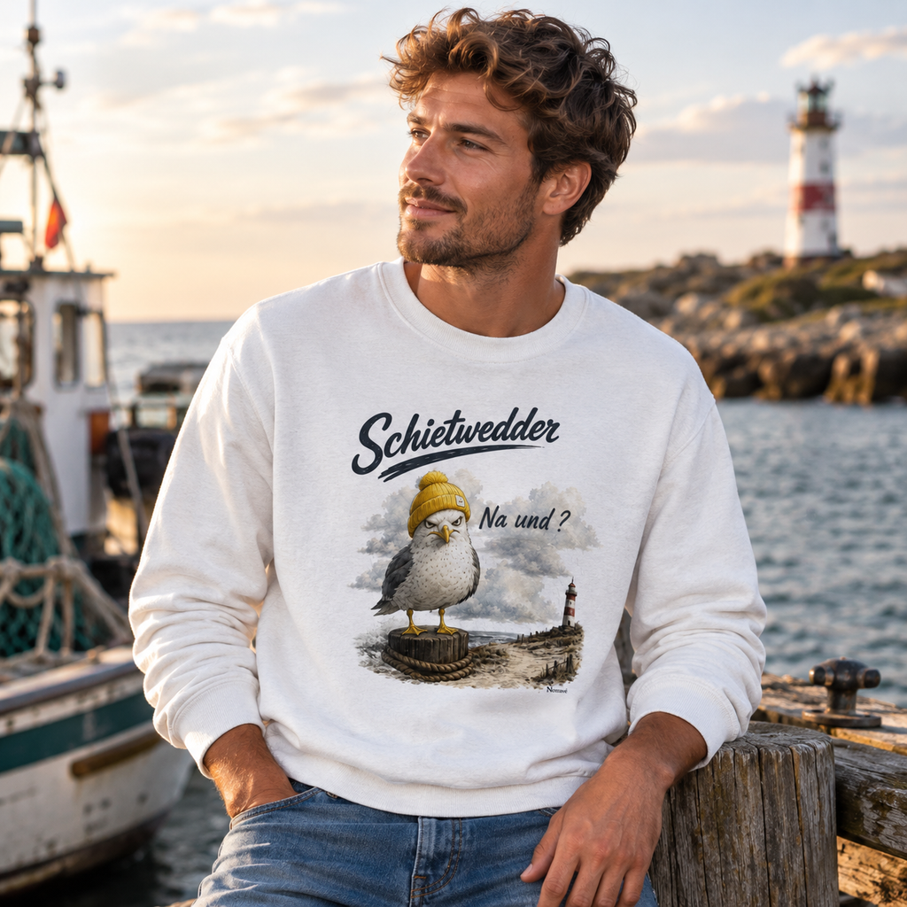 Mann trägt Nomavé Schietwedder Na und Möwen Sweatshirt am Meer – maritimer Küstenhumor für Ostsee- und Nordseefans