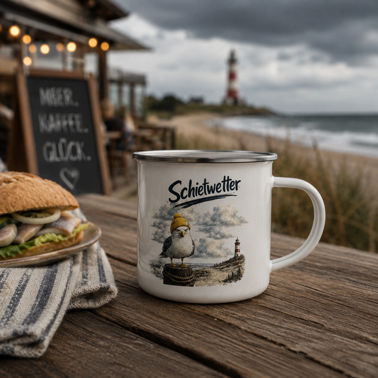 Nomavé Emaillebecher „Schietwetter“ mit frecher Möwe und gelber Mütze auf einem Holztisch am Ostseestrand neben einem Fischbrötchen – maritimes Lifestyle-Bild bei bewölktem Himmel.