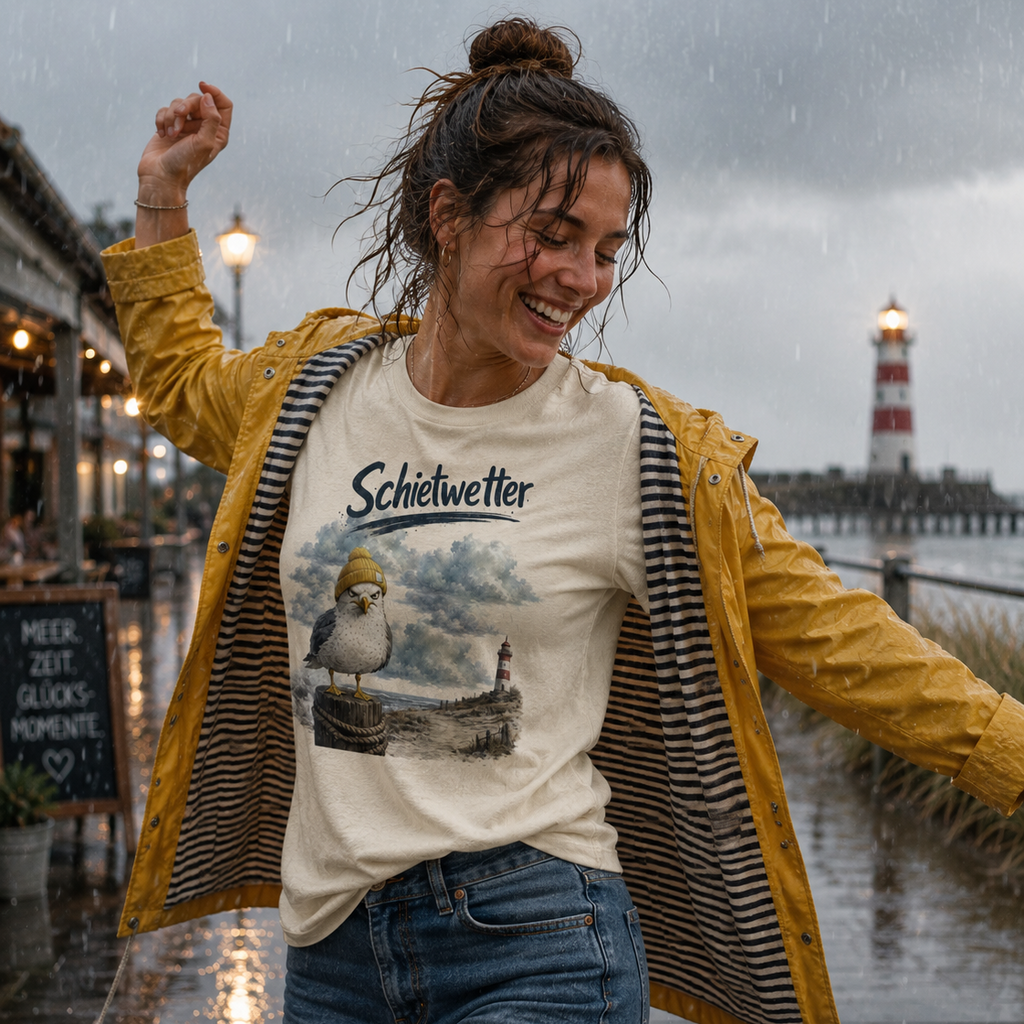 Frau tanzt fröhlich im Regen an der Ostsee und trägt das Nomavé Bio-T-Shirt „Schietwetter“ mit frecher Möwe und gelber Mütze – nachhaltige Küstenmode für alle, die jedes Wetter lieben.