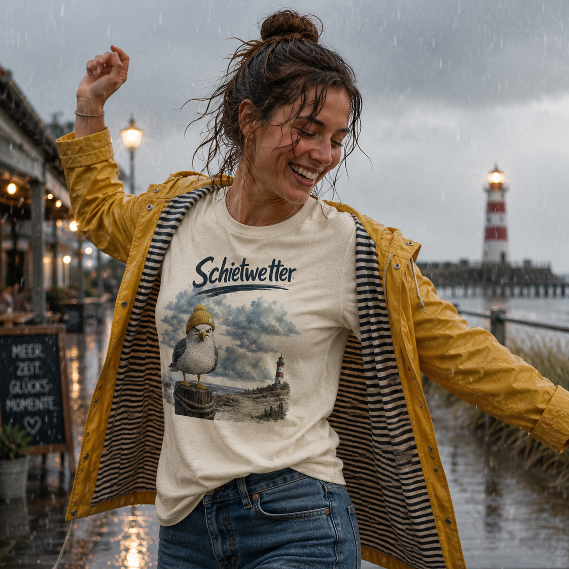 Frau tanzt fröhlich im Regen an der Ostsee und trägt das Nomavé Bio-T-Shirt „Schietwetter“ mit frecher Möwe und gelber Mütze – nachhaltige Küstenmode für alle, die jedes Wetter lieben.