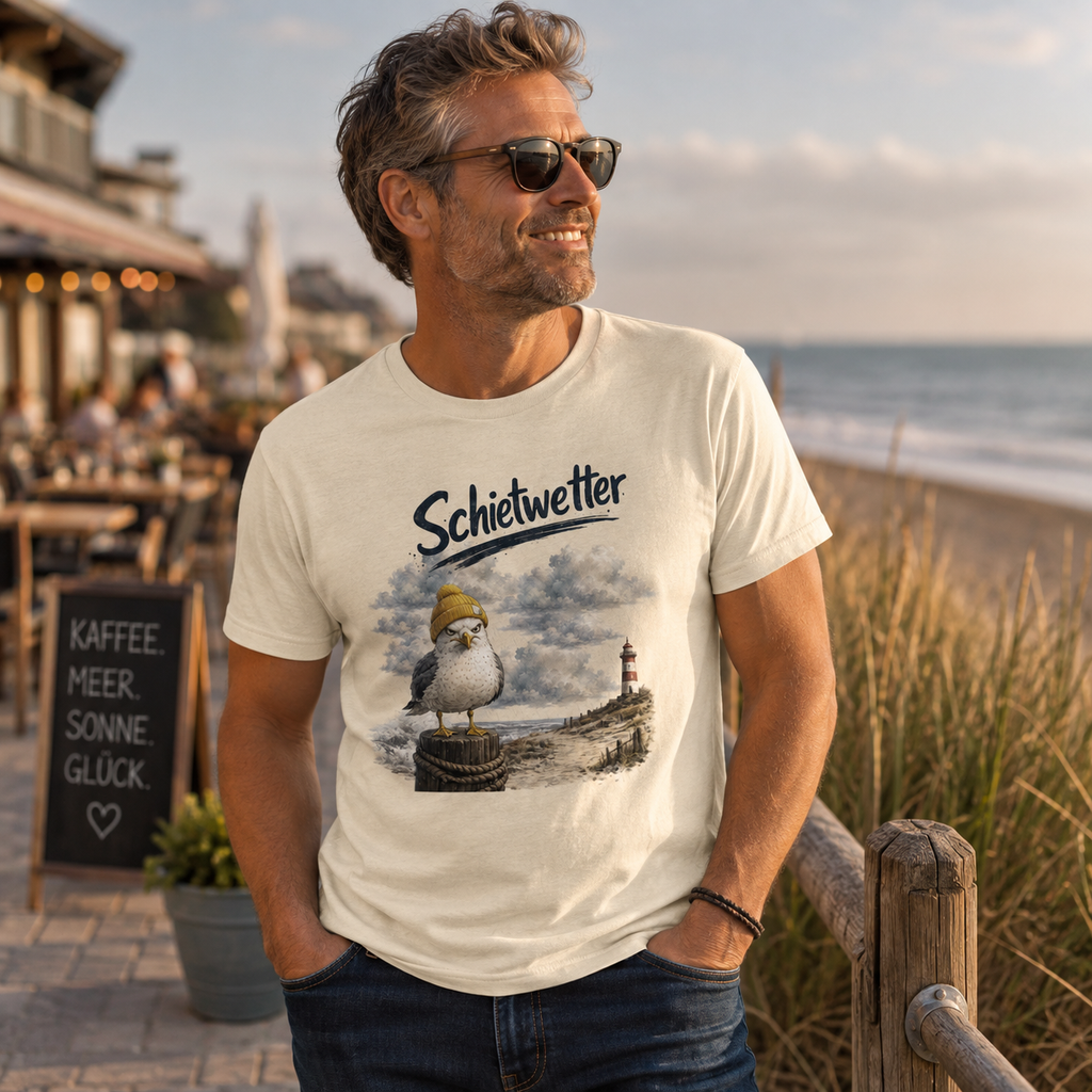 Mann trägt das Nomavé Bio T-Shirt „Schietwetter“ mit frecher Möwe und gelber Mütze auf der Strandpromenade an der Ostsee.