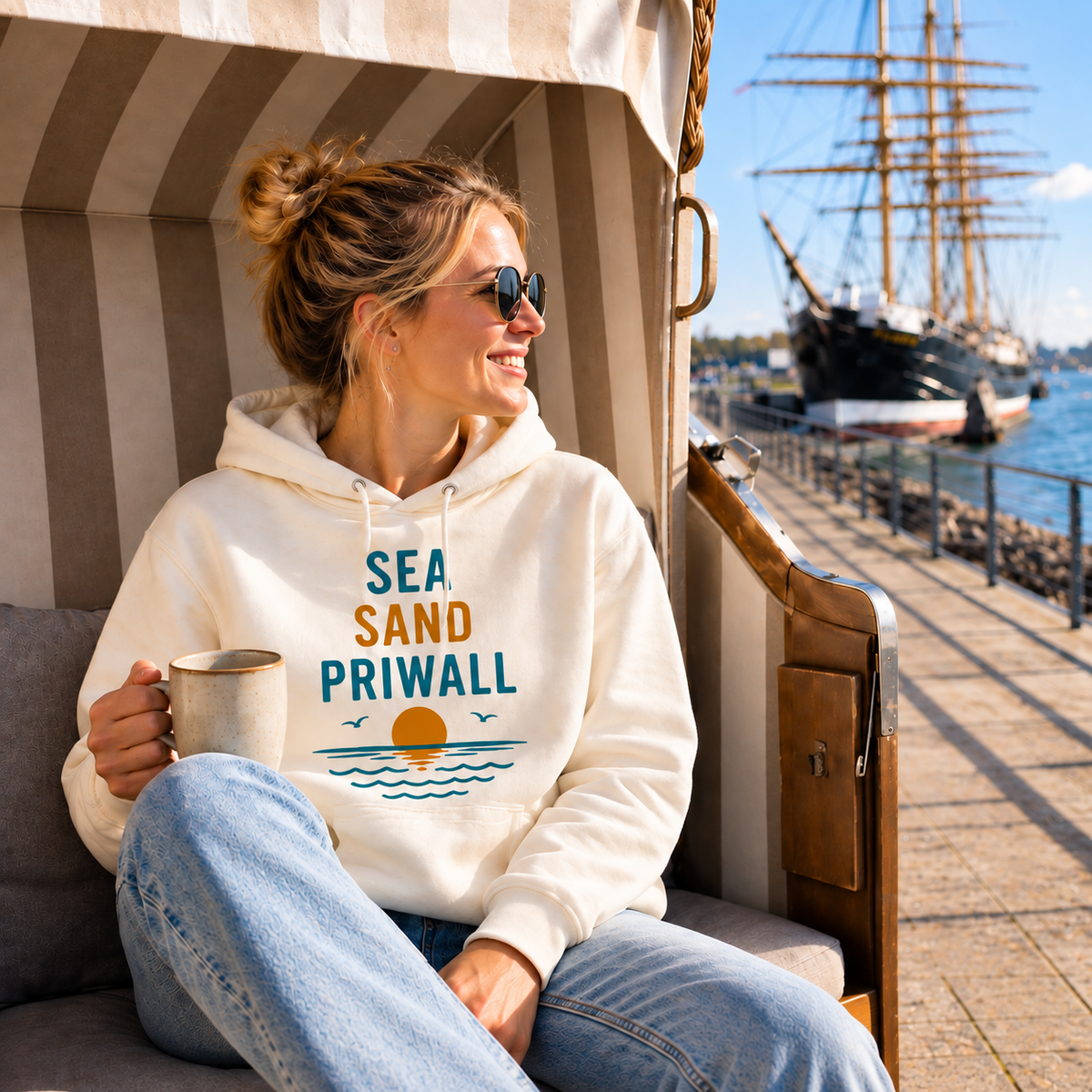 Frau im Sea Sand Priwall Hoodie von Nomavé im Strandkorb am Hafen an der Ostsee