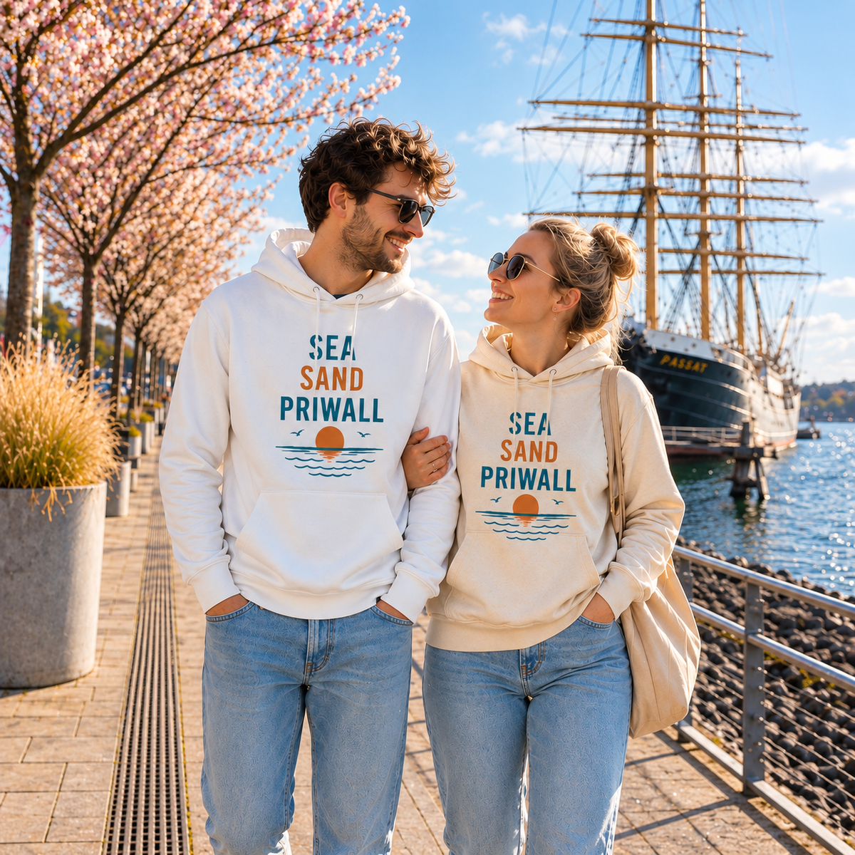 Paar in Sea Sand Priwall Hoodies von Nomavé auf der Promenade mit der Passat im Hintergrund