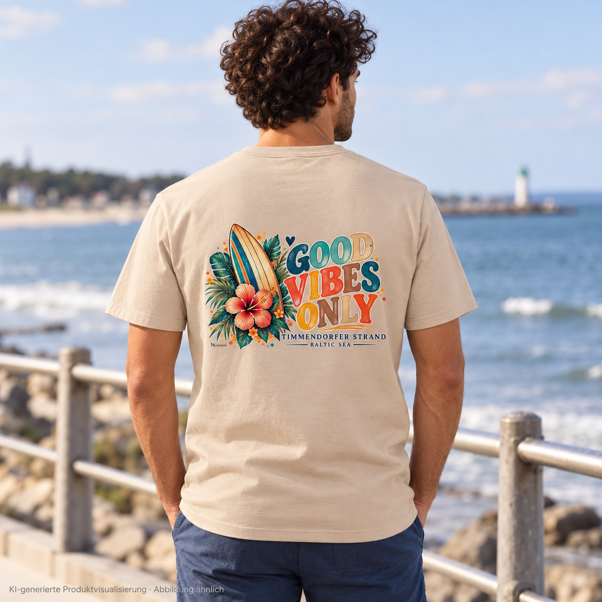 KI-generierte Produktvisualisierung: Essential T-Shirt in Natural, Mann an der Promenade mit Timmendorfer-Surf-Vibes-Rückenprint.