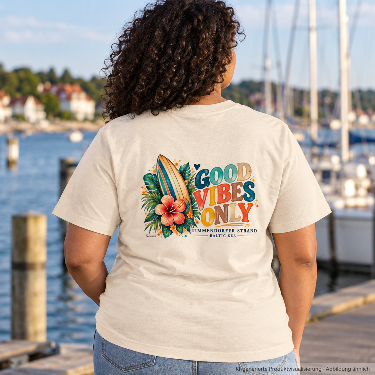 KI-generierte Produktvisualisierung: Bio-Heavy-T-Shirt in Natural Raw, Frau am Yachthafen mit Timmendorfer-Surf-Vibes-Rückenprint.