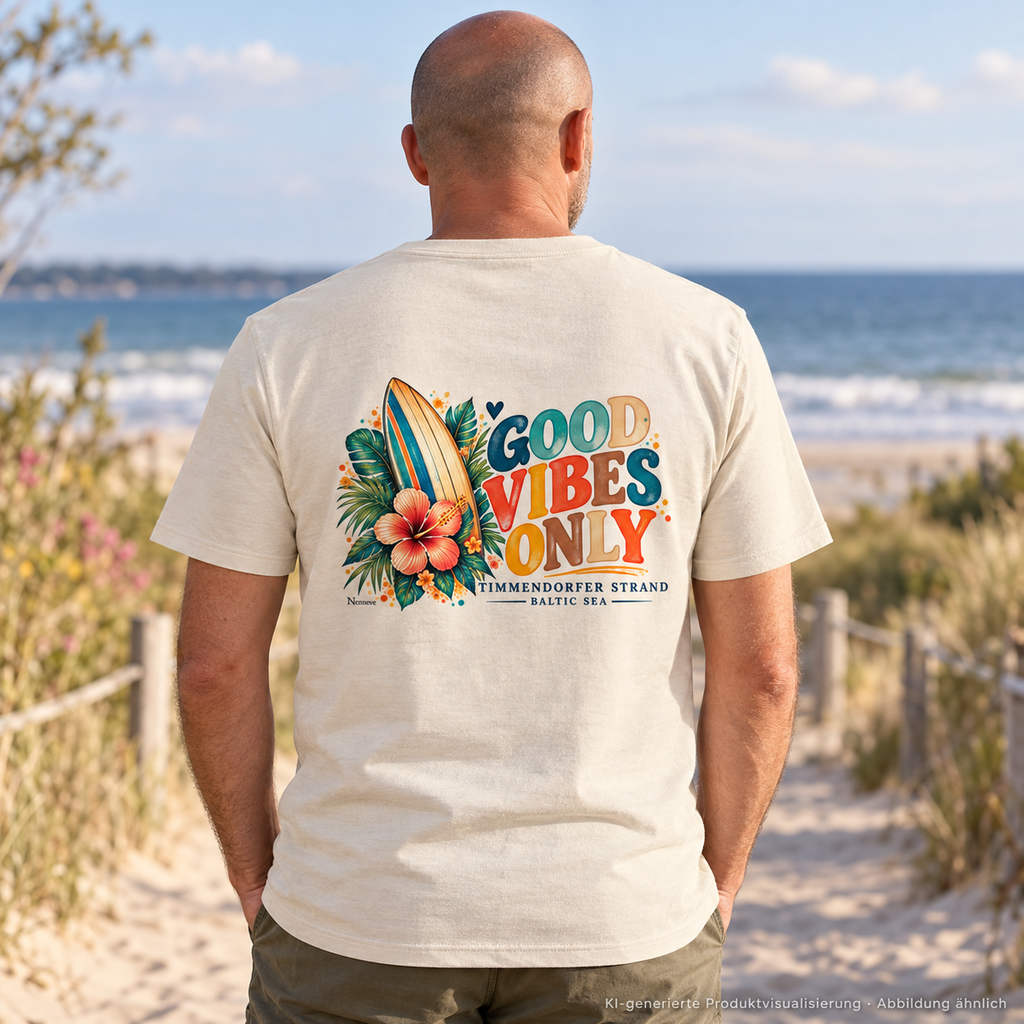 KI-generierte Produktvisualisierung: Bio-Heavy-T-Shirt in Natural Raw, Mann am Strandweg mit Timmendorfer-Surf-Vibes-Rückenprint.