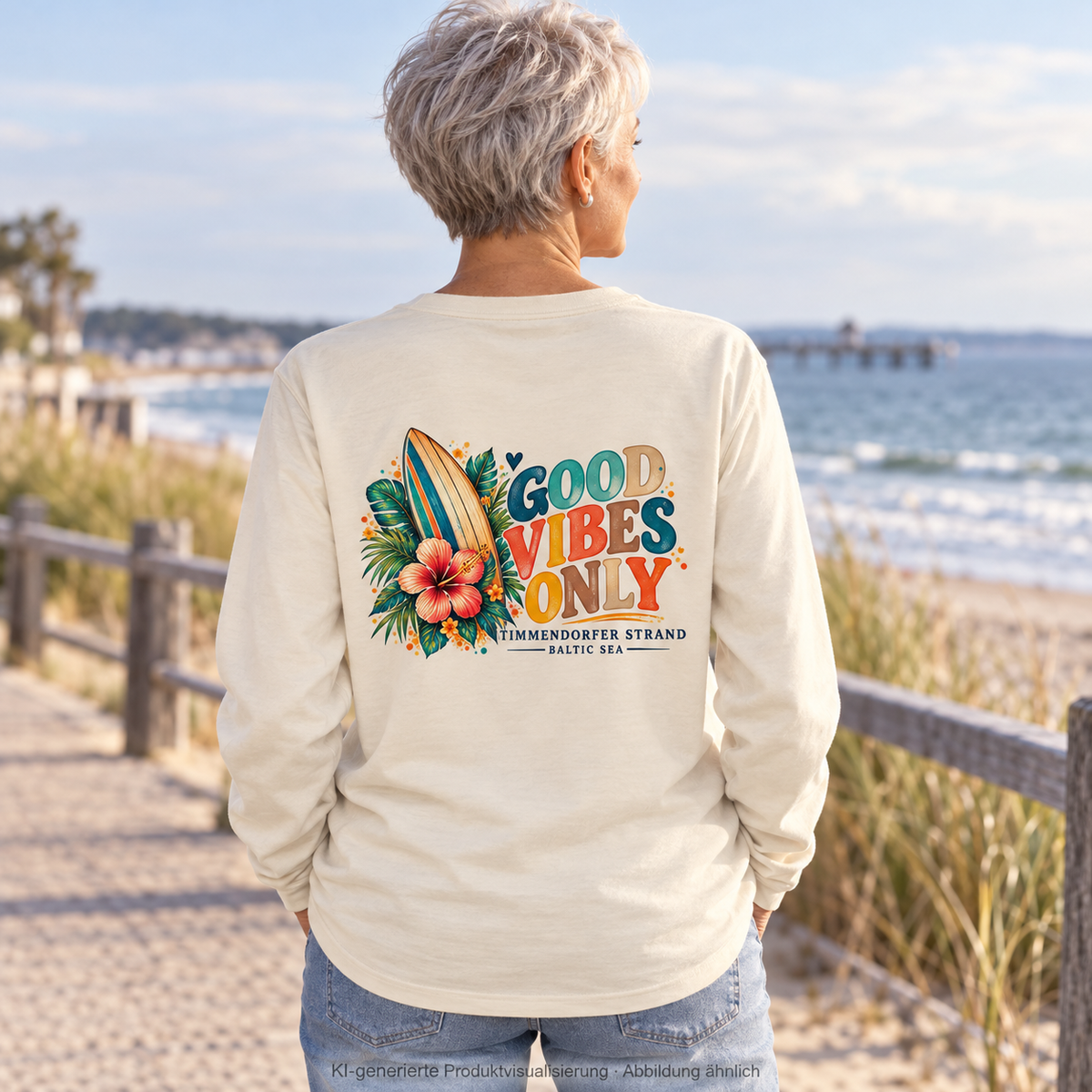 KI-generierte Produktvisualisierung: Unisex Bio-Langarmshirt in Natural Raw, Frau auf der Promenade mit Timmendorfer-Surf-Vibes-Rückenprint.