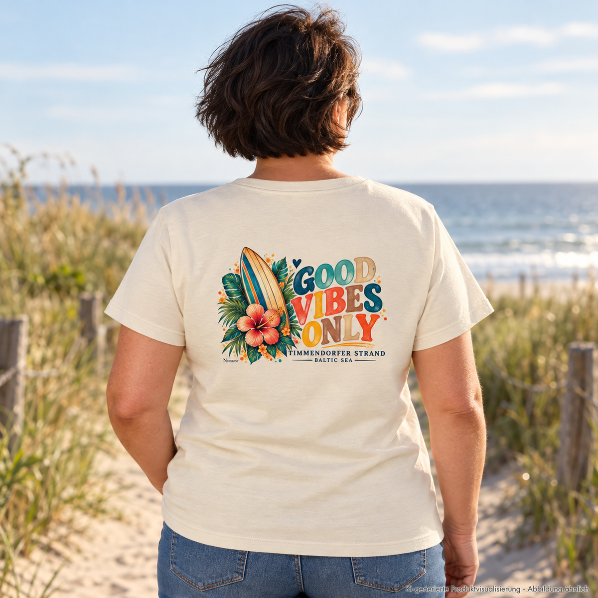 KI-generierte Produktvisualisierung: Damen Bio-T-Shirt in Natural Raw, Frau am Dünenweg mit Timmendorfer-Surf-Vibes-Rückenprint.