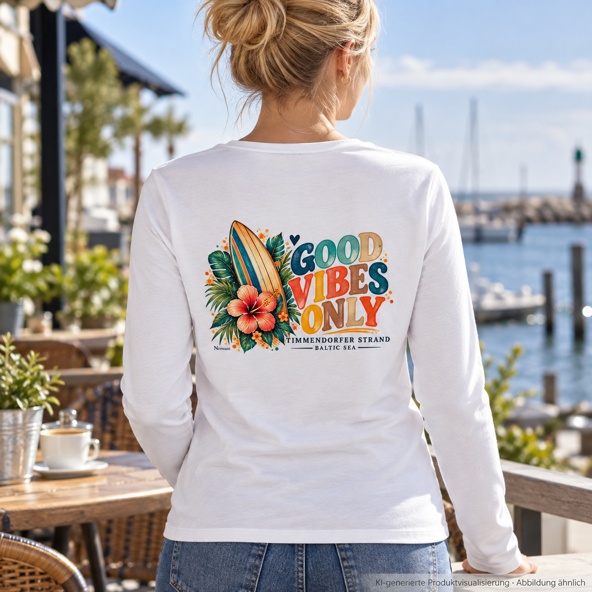 KI-generierte Produktvisualisierung: Damen Bio-Langarmshirt in Weiß, Frau auf einer Hafenterrasse mit Timmendorfer-Surf-Vibes-Rückenprint.