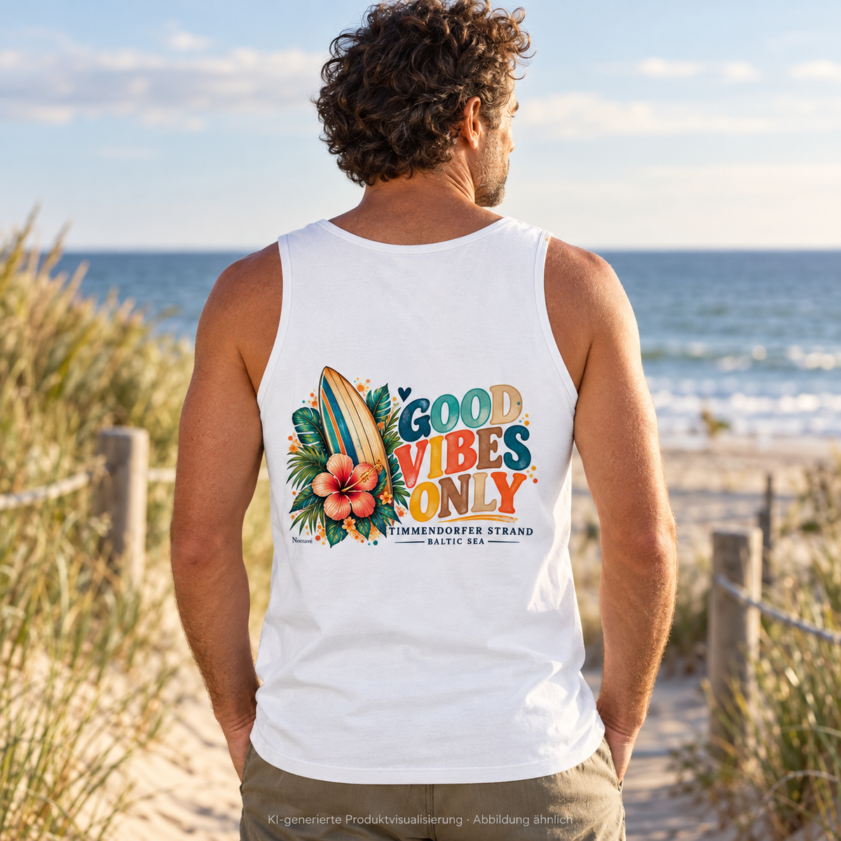 KI-generierte Produktvisualisierung: Herren Bio-Tanktop in Weiß, Mann am Dünensteg mit Timmendorfer-Surf-Vibes-Rückenprint.