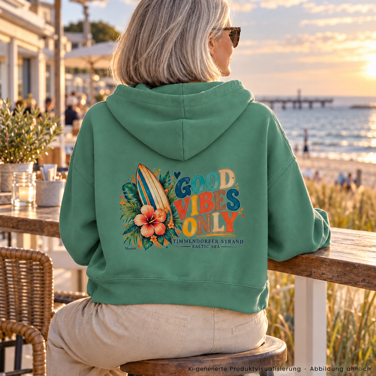 KI-generierte Produktvisualisierung: Frau im Green-Bay Damen-Boxcut-Hoodie mit Surf-Vibes-Rückenprint auf einer Caféterrasse an der Ostsee.