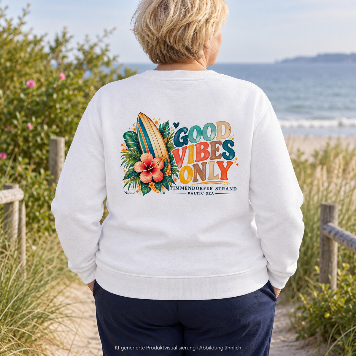 KI-generierte Produktvisualisierung: Frau im weißen Unisex-Sweatshirt mit Timmendorfer-Surf-Vibes-Rückenprint auf einem Küstenweg.
